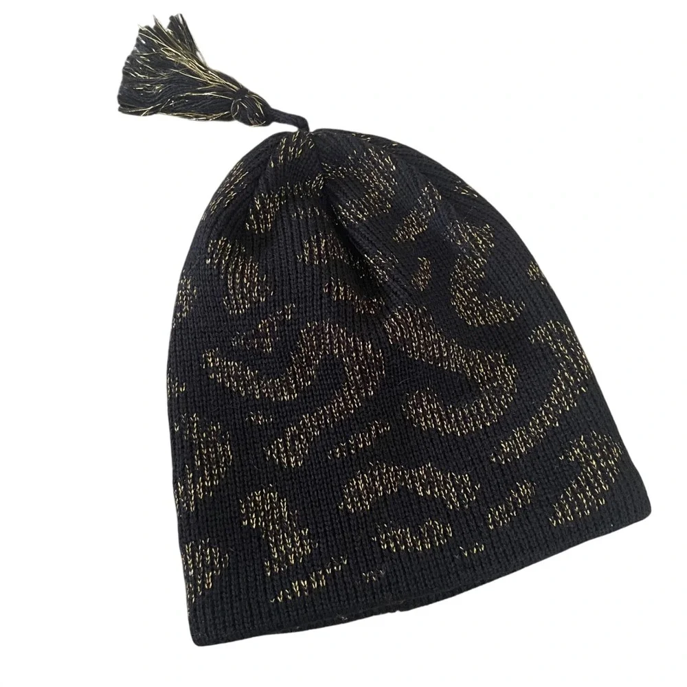 Vtg Beanie Hat 100% Wool Black Gold Knit Leopard Design Tassel Fleece Lined‎